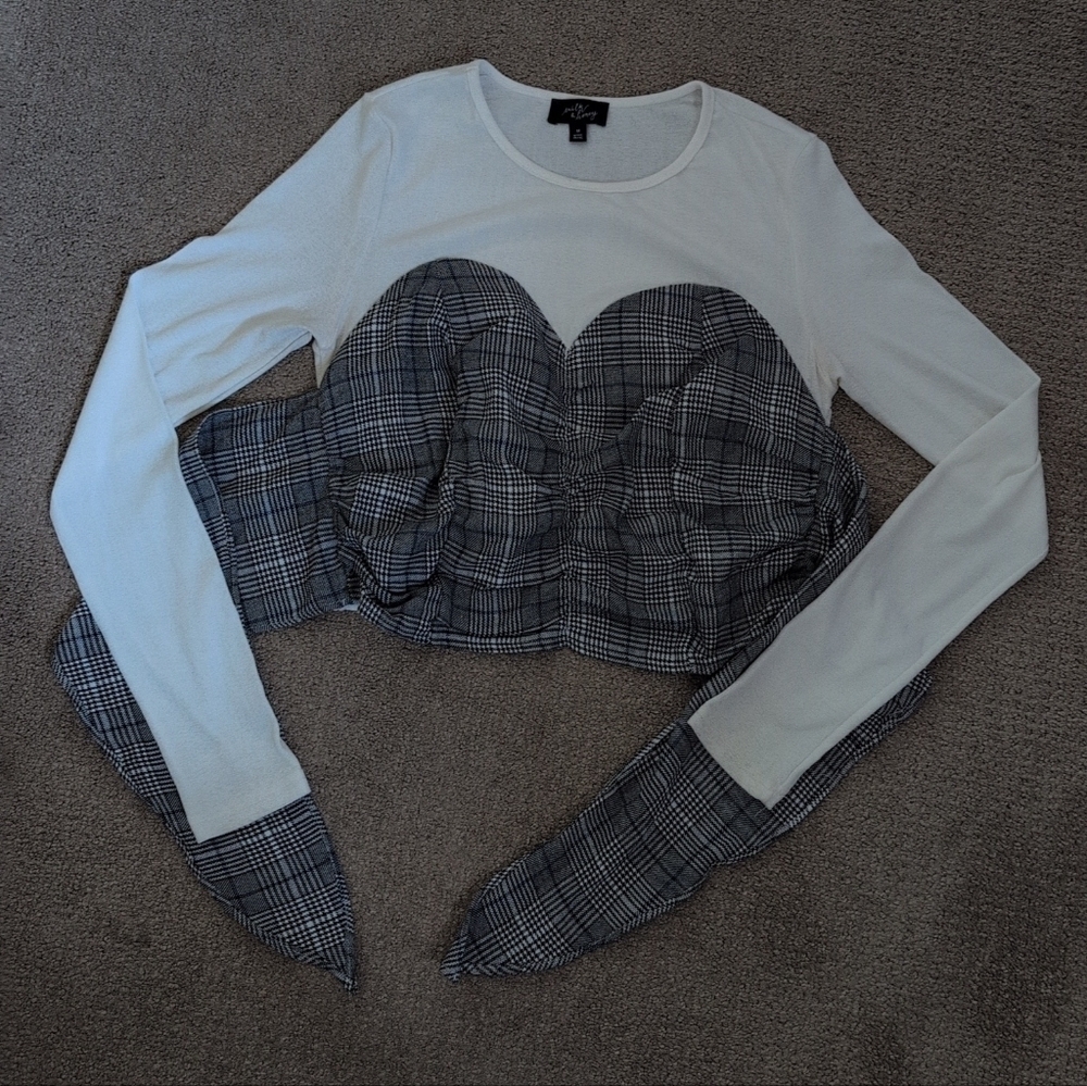 Shoedazzle Milk & Honey Long Sleeve Plaid Tie Waist Bustier Crop Top - Picture 3 of 11